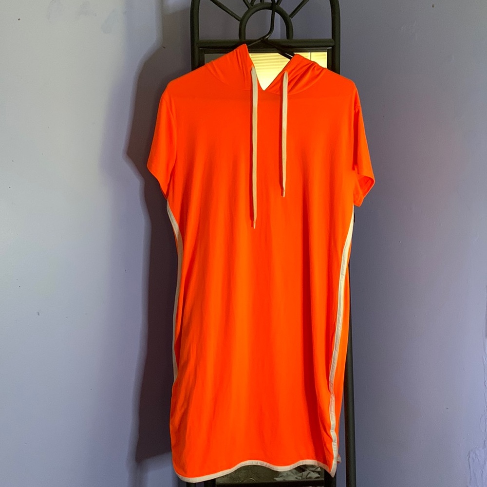 Bright neon orange hooded dress